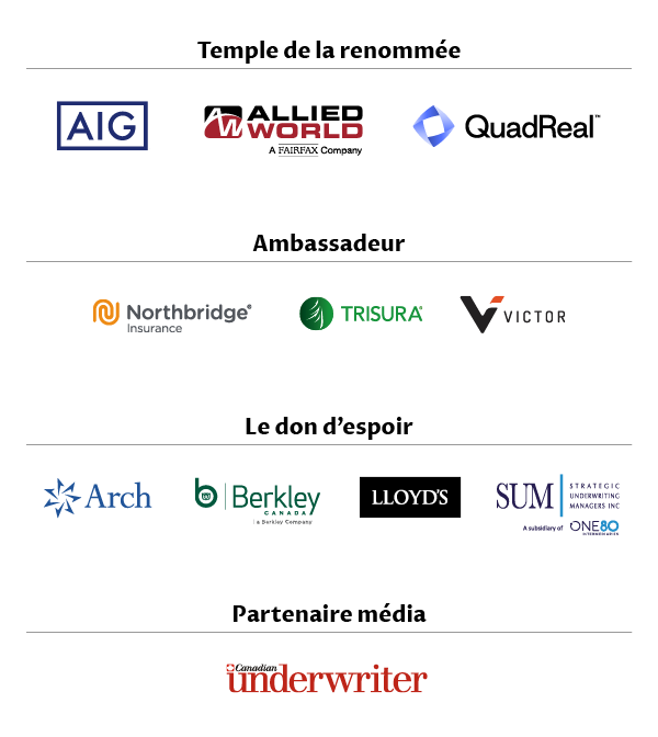 Partenaires défi Jim Abernethy 2025: AIG, Allied World, QuadReal, Northbridge Insurance, Trisura, Victor, Arch, Berkley Canada, Lloyds, SUM - Strategic Underwriting Mangers Inc, Canadian Underwriter
