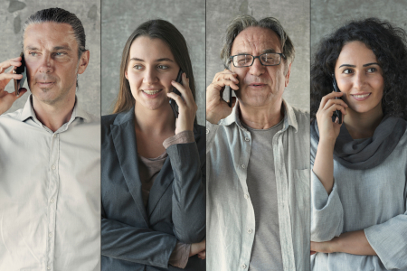 Six personnes sont représentées côte à côte sur des panneaux verticaux, chacune tenant un téléphone à l'oreille et faisant face à des directions légèrement différentes sur un fond neutre.