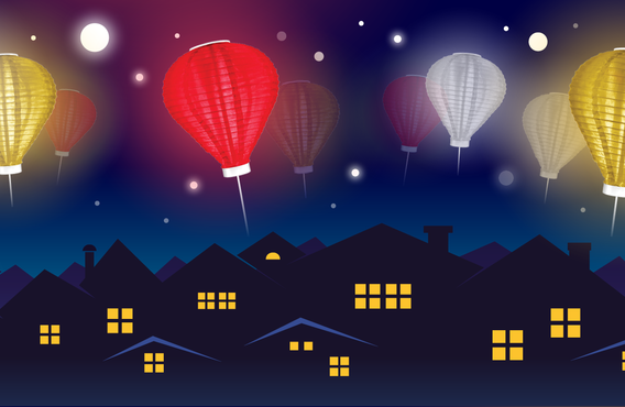 Vector image of lanterns lighting the night in a small town