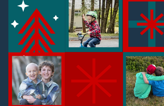 Un collage sur le thème des fêtes, avec un fond bleu foncé à gauche et une grille de carrés rouges et verts à droite. La grille comprend des éléments décoratifs tels que des sapins rouges stylisés, des étoiles et des icônes de cadeaux, ainsi que trois photos : l’une d’un enfant faisant de la trottinette à l’extérieur, l’une de deux enfants assis dans l’herbe portant des chemises et des chapeaux colorés, et l’une de deux personnes assises côte à côte en chemises à carreaux assorties.
