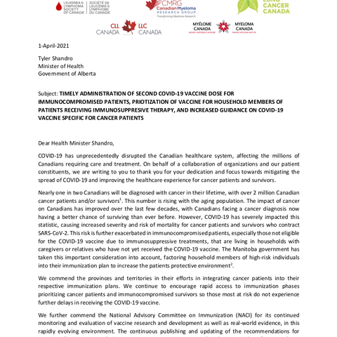 letter to Health Canada, NACI, provincial health ministers, premiers, cancer agencies