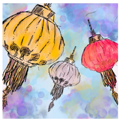 Un dessin de 3 lanternes colorées en rouge, jaune et blanc